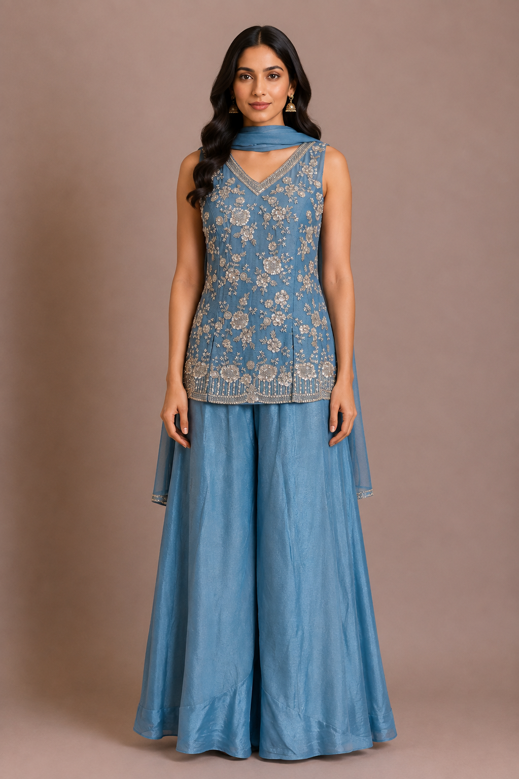 Powder Blue Tissue Embroidered Sharara Set